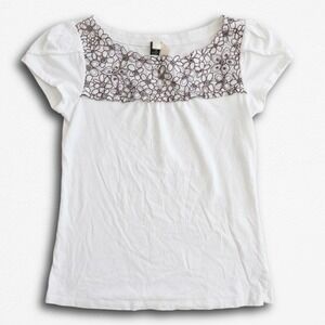 Ric Rac Womens XS White Y2K Floral Embroidered Mesh Yoke Puff Sleeve Top Tee